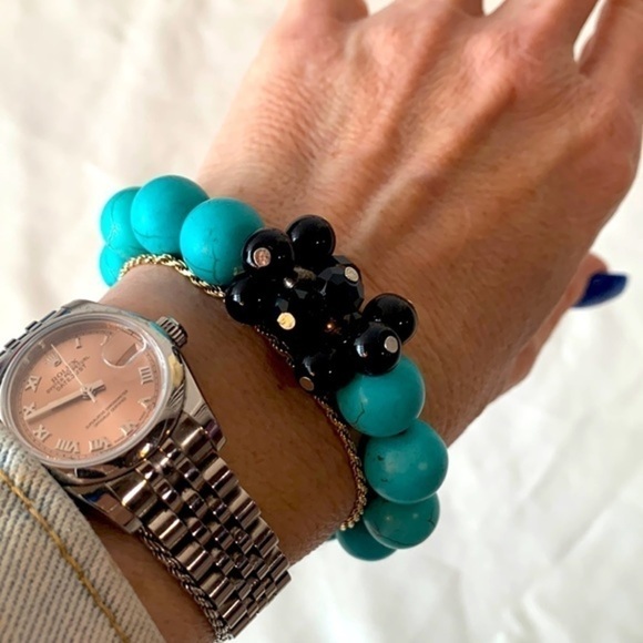 Turquoise natural stone black faceted glass metallic bead southwestern - Picture 1 of 5